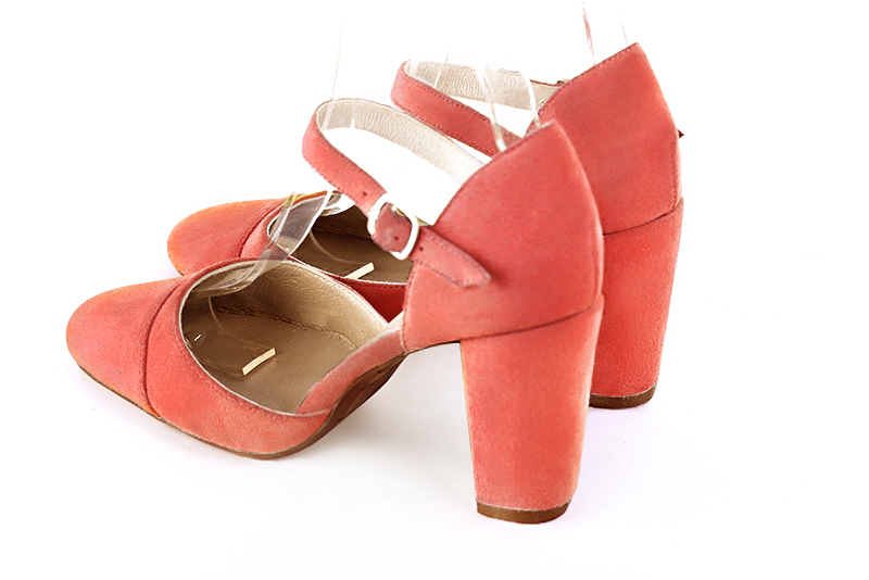 Coral orange women's open side shoes, with an instep strap. Round toe. High block heels. Rear view - Florence KOOIJMAN